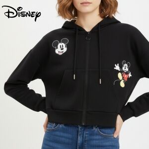 Sz S Disney Mickey Mouse Black Lightweight Soft Fleece Cropped Zip-Up Hoodie